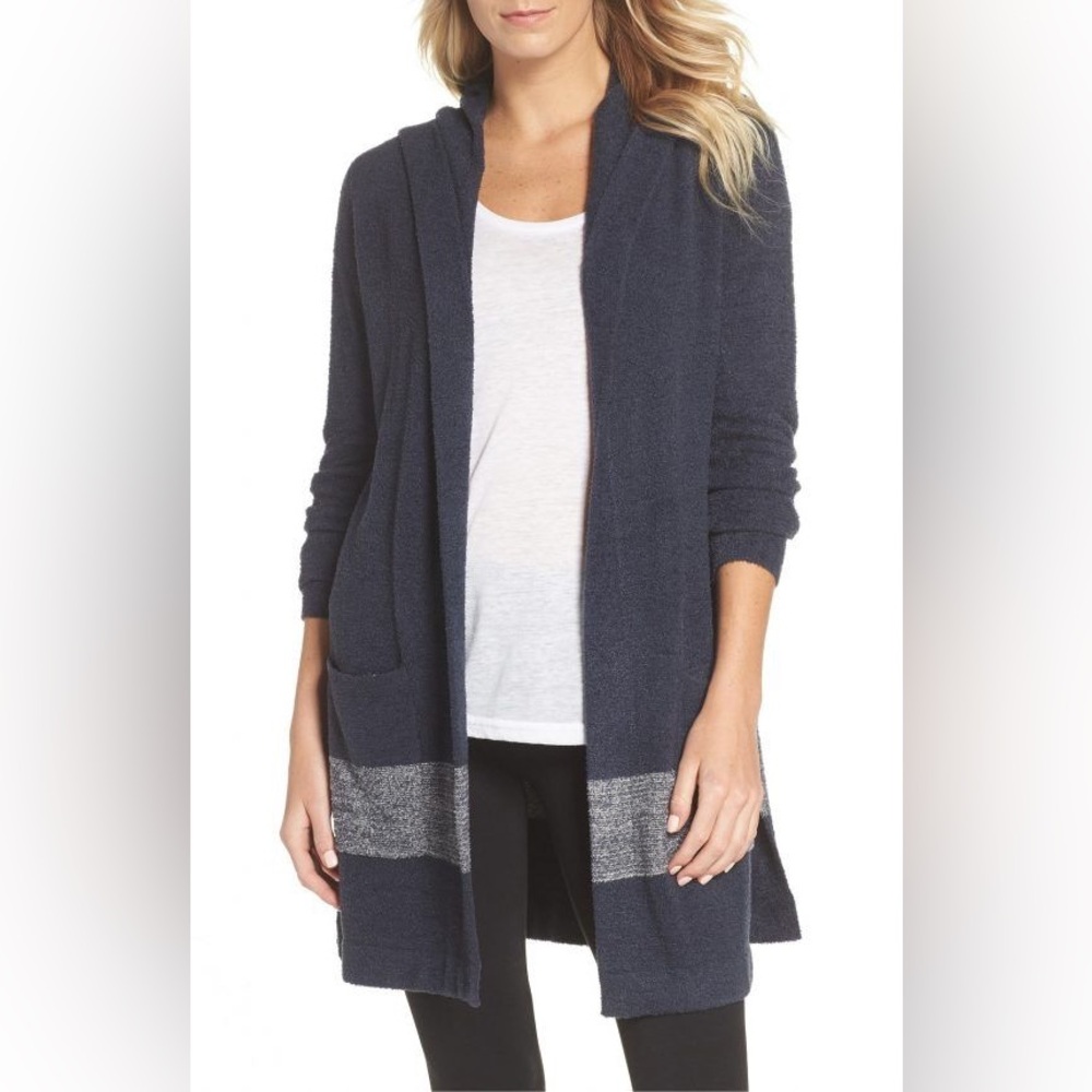 Barefoot Dreams Hooded Long Cardigan Sweater Navy Blue Cozy Hood XS/S *C